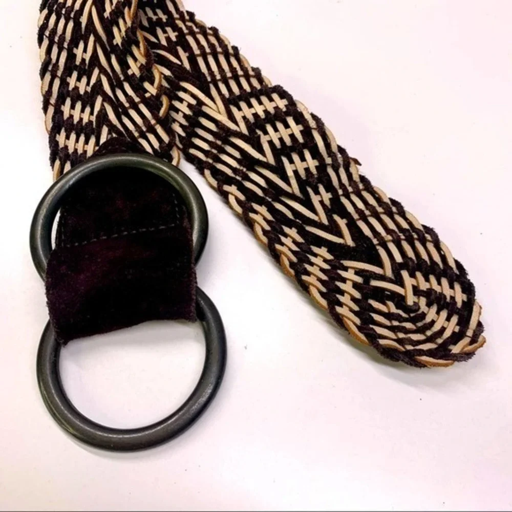 Dark Brown & Cream Chunky Woven Leather Belt‎